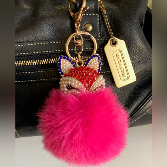 None Accessories - FOX Keychain/ Bag Charm Crystals & Mini Pearls on Fox’s Head w/Raspberry Red Pom